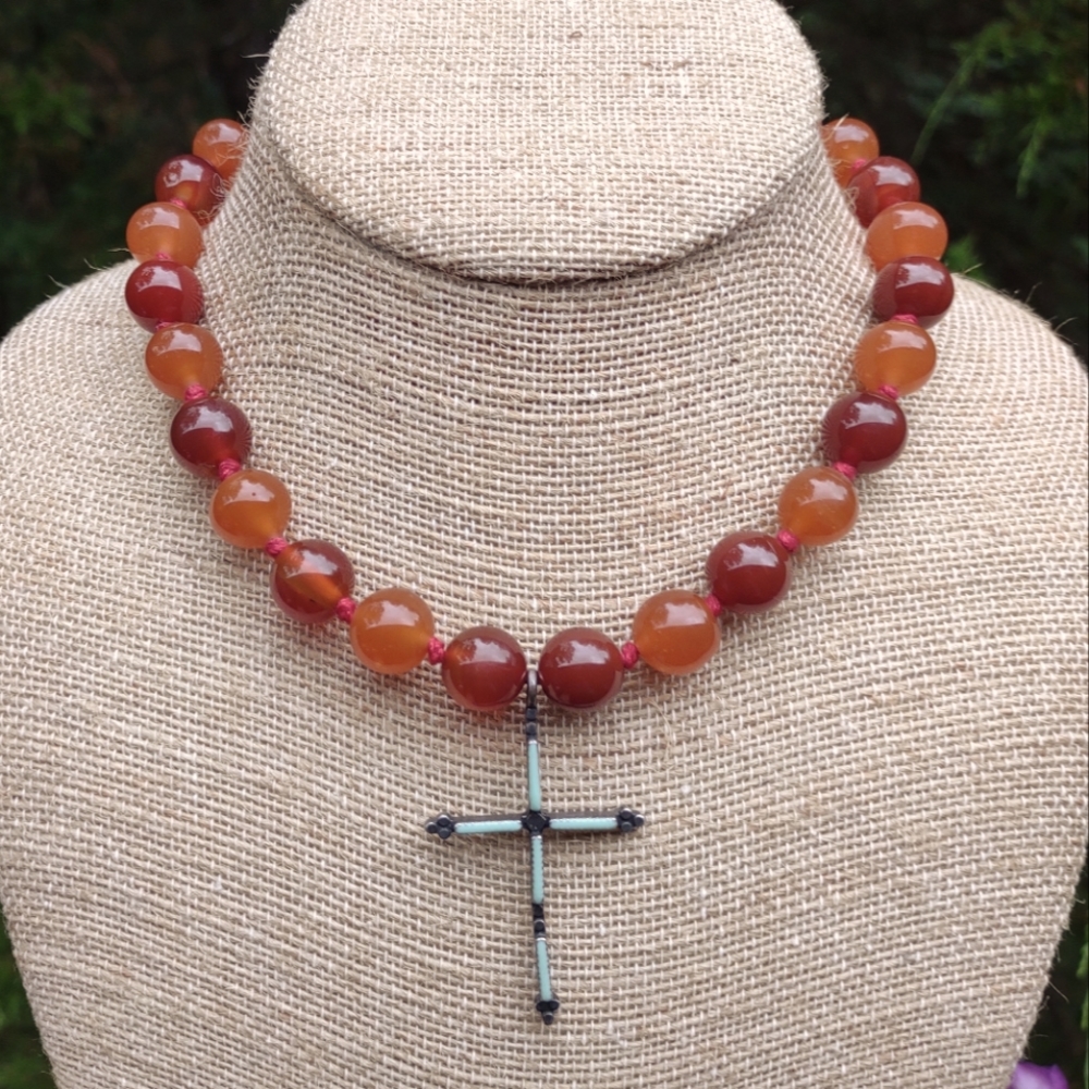 Lucky Brand Carnelian Stone & Glass Enamel Cross Necklace